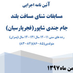 آئین نامه اجرایی مسابقات شنا مسافت بلند جام جندی شاپور آئین نامه اجرایی مسابقات شنا مسافت بلند پسران جام جندی شاپور(فجر پارسیان) در دو رده سنی ۱۱-۱۲ و ۱۳-۱۴ سال به مناسبت چهلمین سالگرد پیروزی انقلاب اسلامی به میزبانی شهر شیراز اعلام شد.